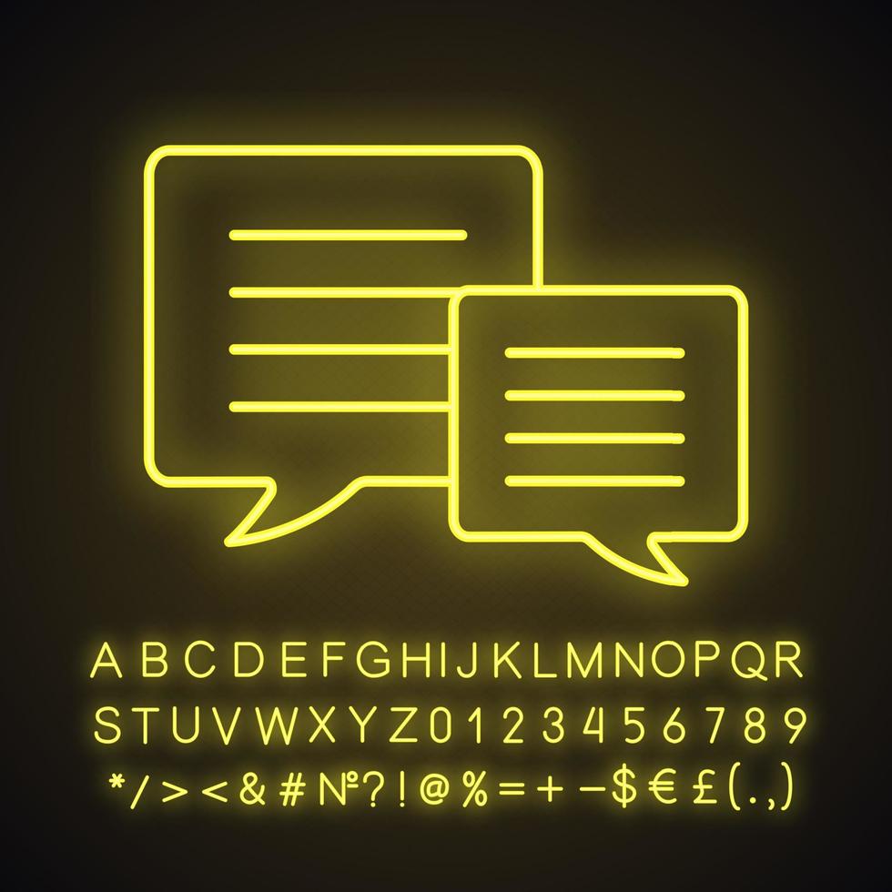 Speech bubbles neon light icon. Chat boxes. Glowing sign with alphabet, numbers and symbols. Vector isolated illustration