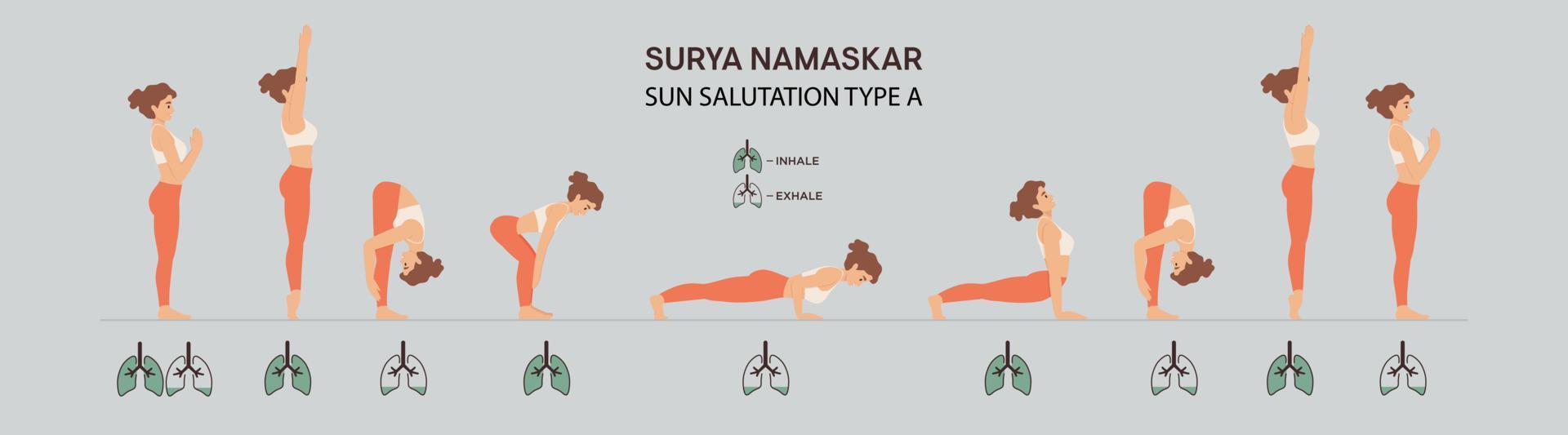 surya namaskar o saludo al sol. conjunto de posturas de yoga ashtanga. gimnasia para los pulmones, ejercicio de respiración. ilustración vectorial vector