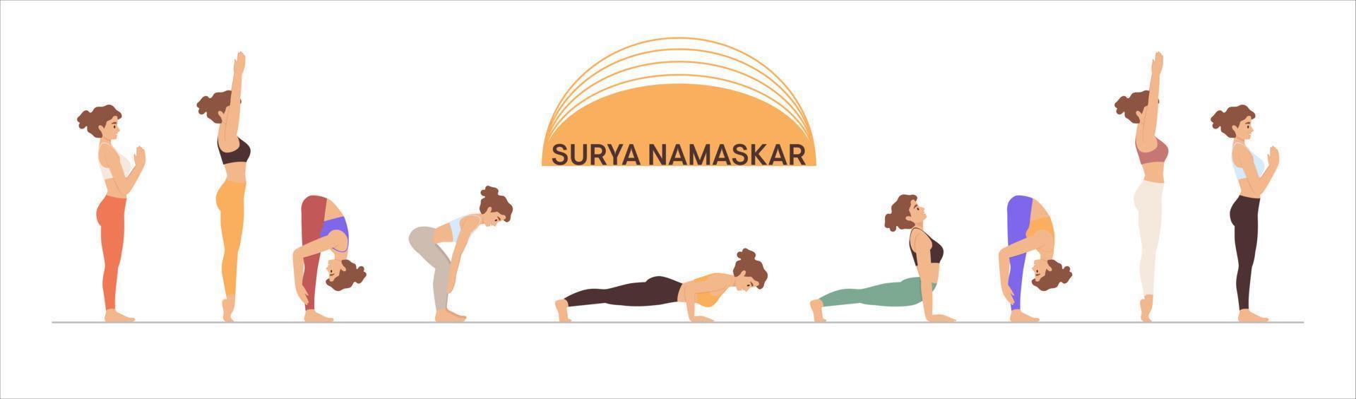 ilustración vectorial de mujer de yoga. conjunto de posturas de yoga de sautación solar, eps 10 vector