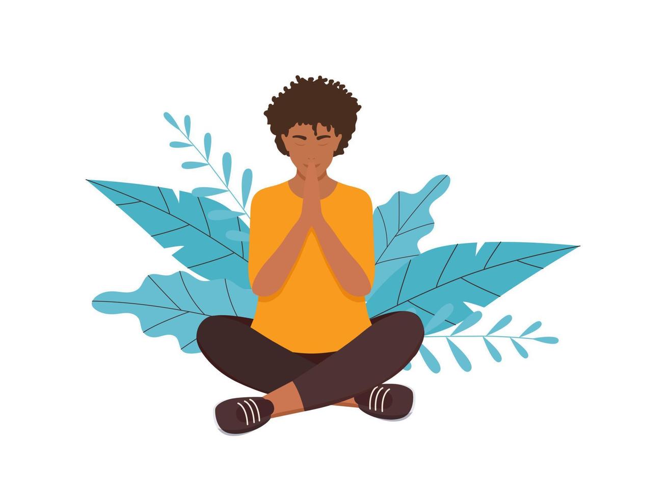Afro woman meditates in leaves. Vector illustration for yoga, meditation, healthy lifestyle