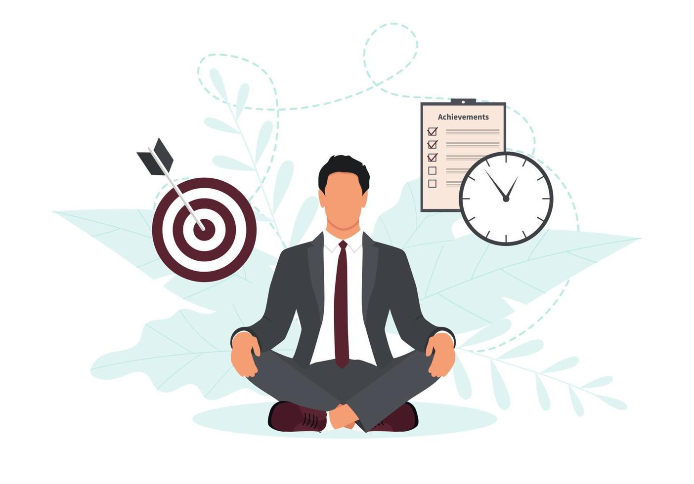 concepto de autodisciplina o autocontrol, objetivo comercial de logro, concepto de gestión del tiempo, meditación del hombre de negocios. ilustración vectorial vector