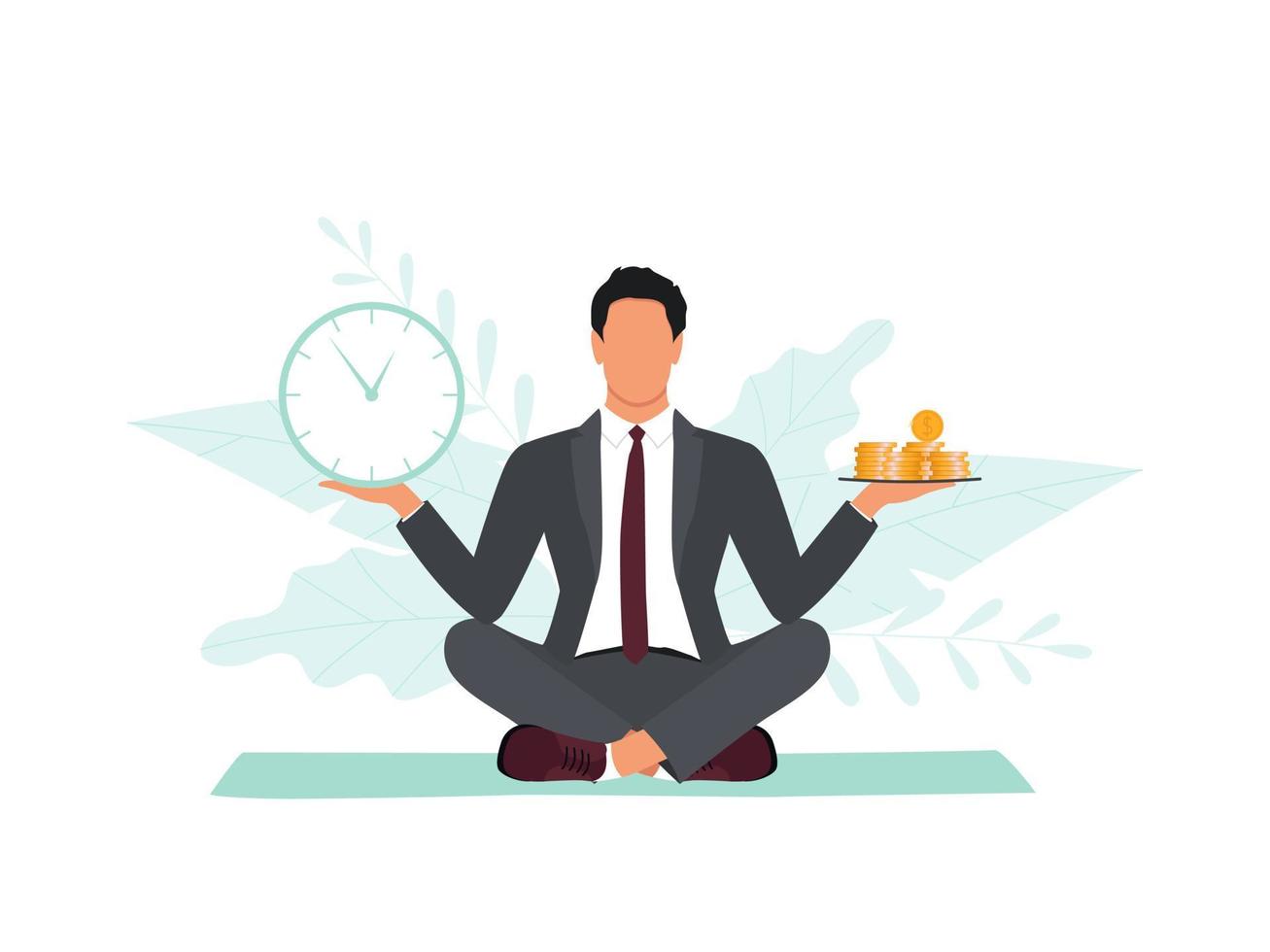 Self discipline and time management concept. Office man with clocks and money on the scales. Vector illustration