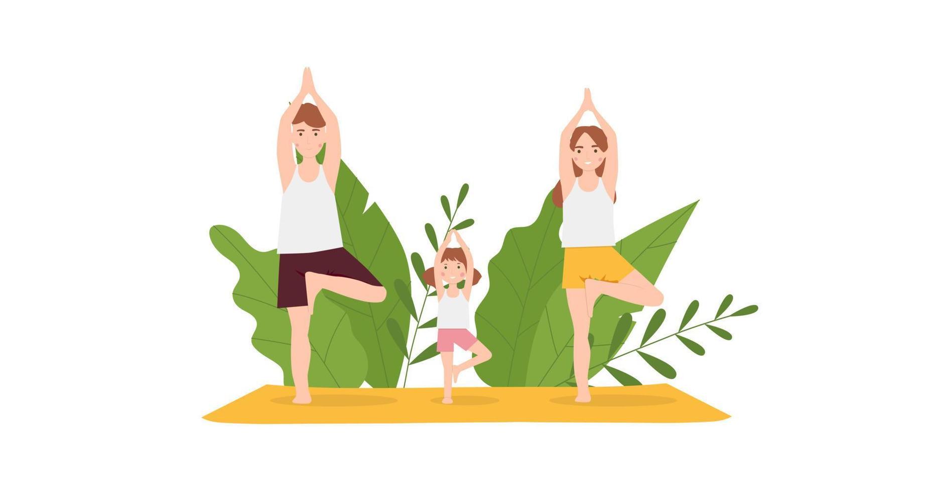 yoga familiar en el parque. madre, padre e hija demostrando pose de yoga de árbol. ilustración vectorial vector