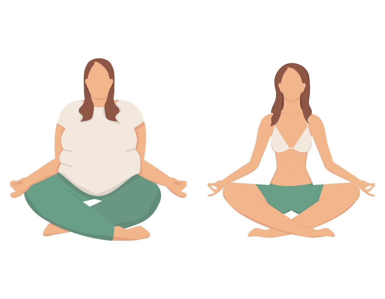 Two women in the lotus pose practicing yoga. Weightloss concept. Healthy lifestyle. Vector illustration