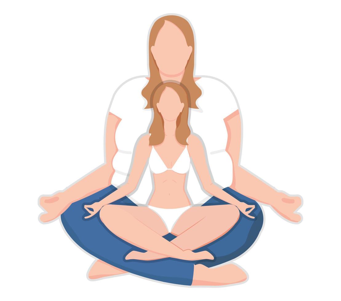 Two women in the lotus pose practicing yoga. Weight loss concept. Vector illustration