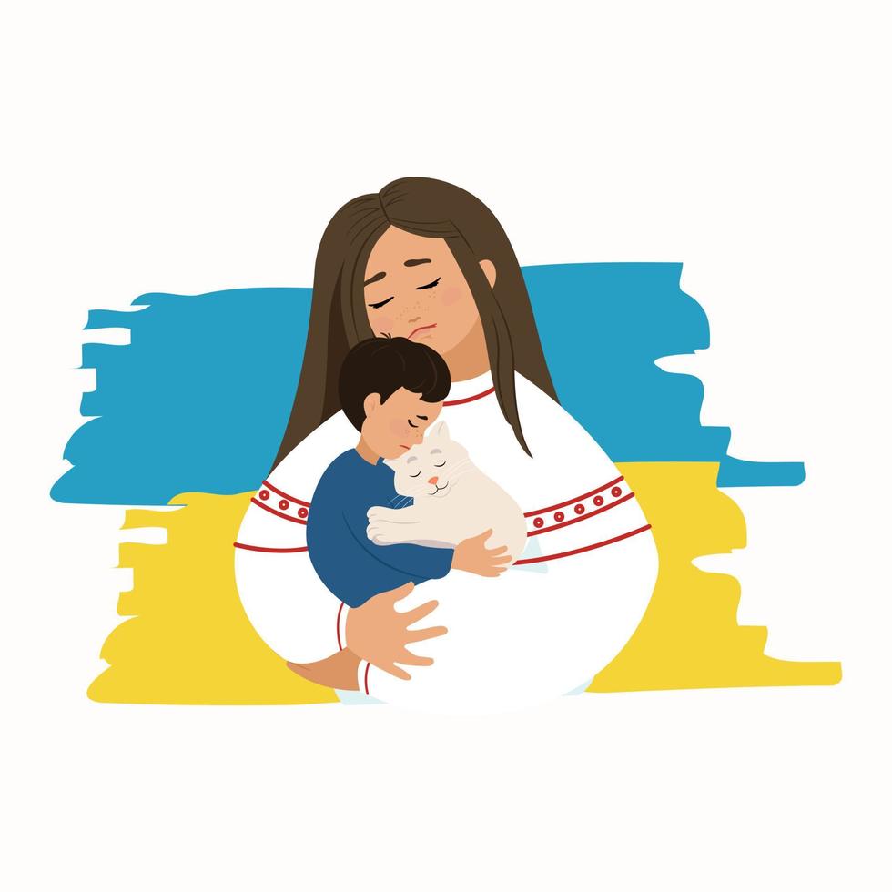 Sad woman holding a baby and a cat in her arms, vector illustration. Mom and baby with pet