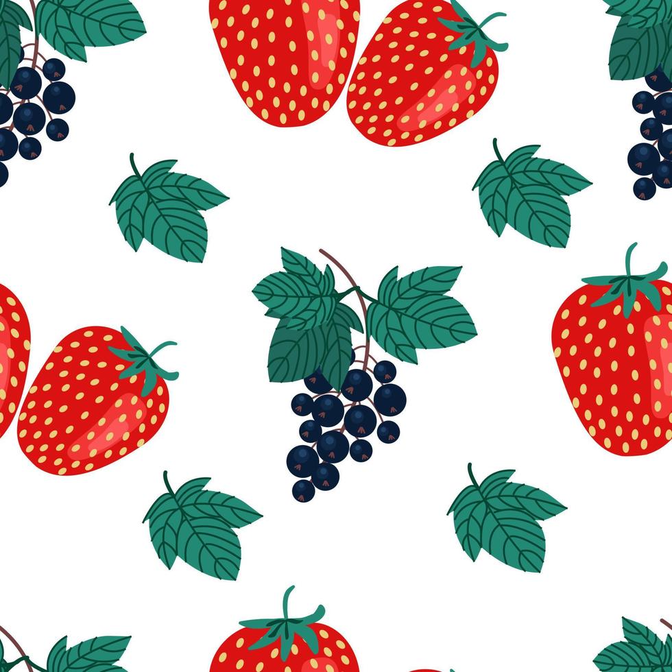 Ripe black currants and strawberries seamless pattern. Sprig of black currant. Vitamin berries. Vector illustration. Fruit print