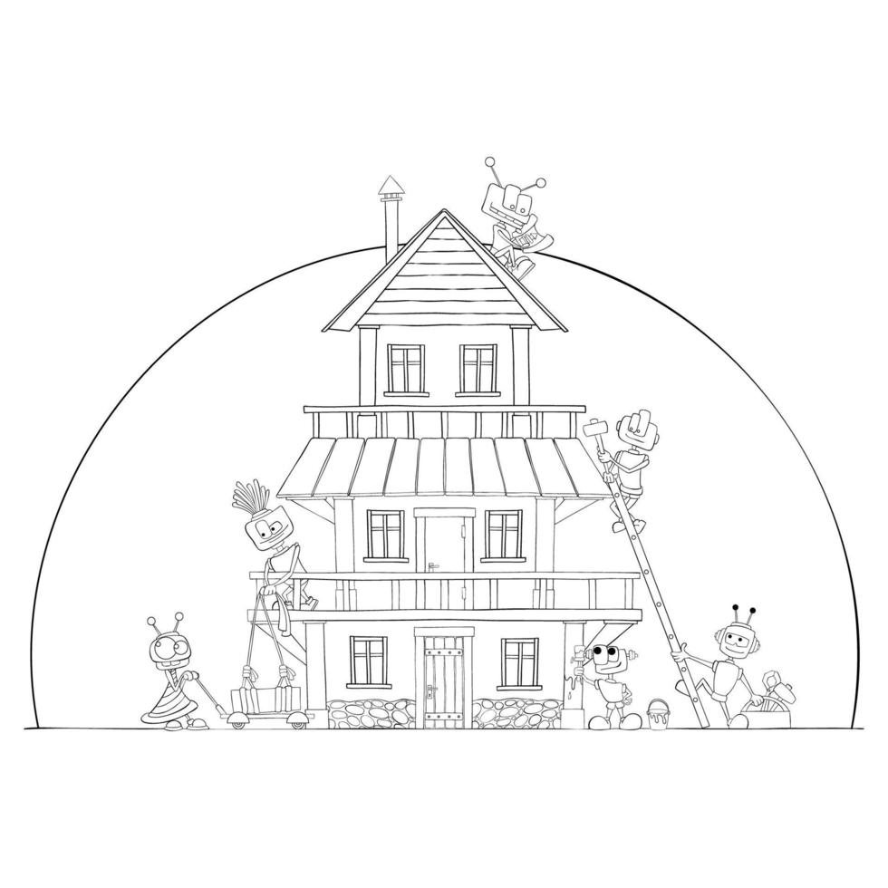 Robots build house. Coloring page. Kids fun. vector