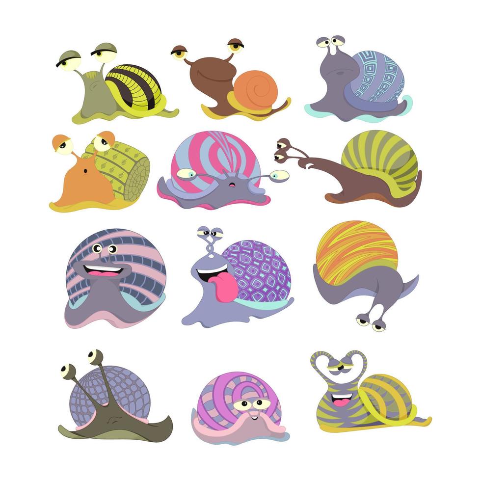 Cute colorful cartoon snail set. Isolated on white background. vector