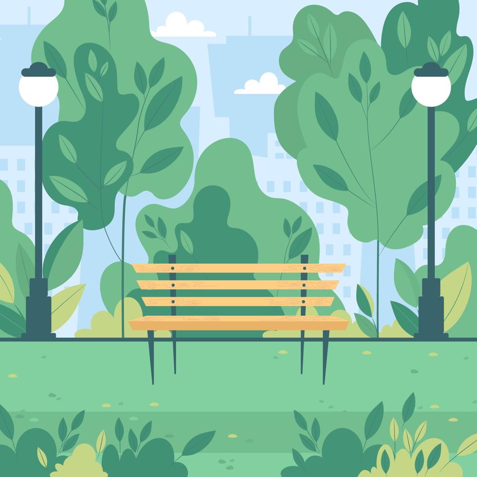 Flat vector illustration of a summer green alley in a city park with a bench.