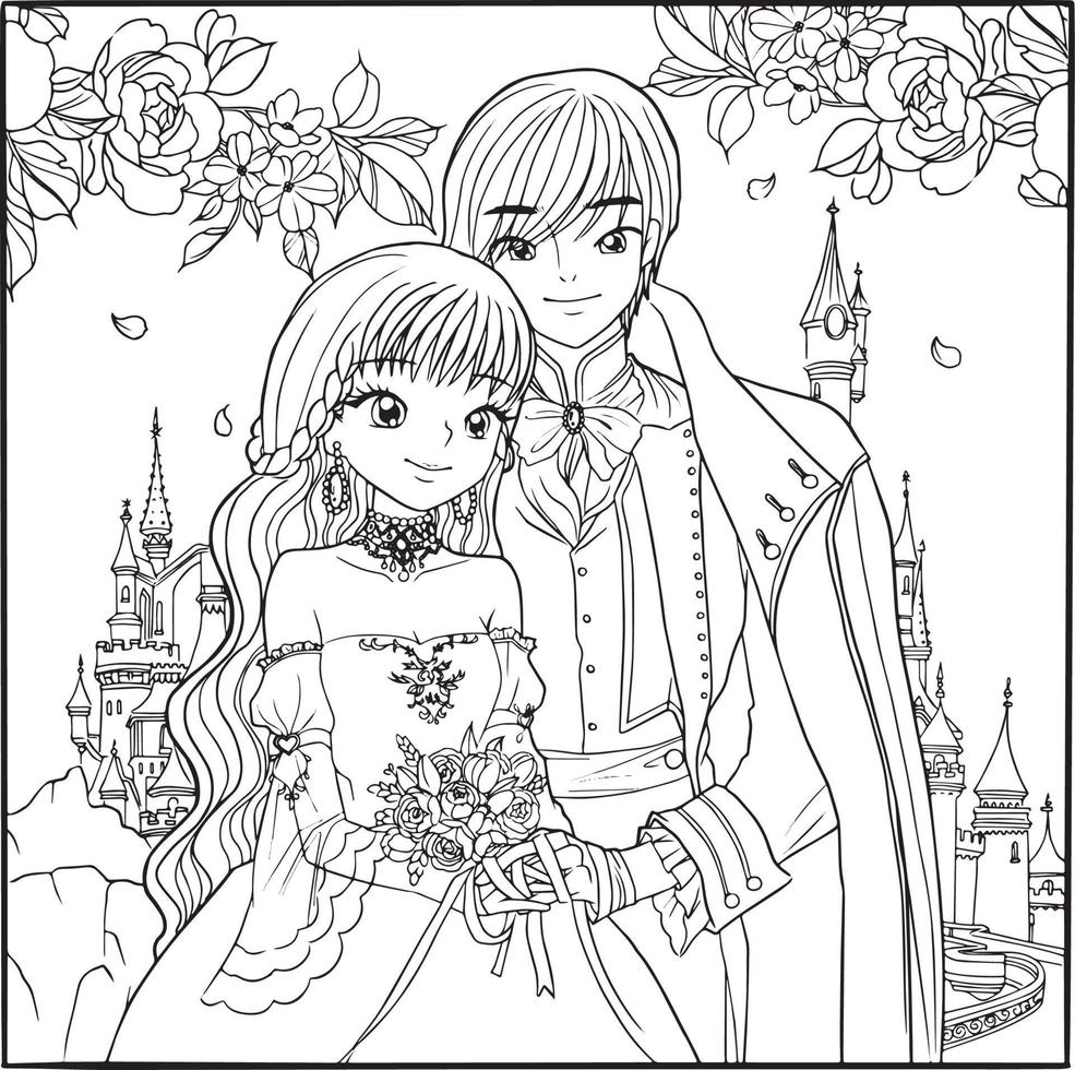 coloring page princess kawaii style cute anime cartoon drawing illustration vector doodle