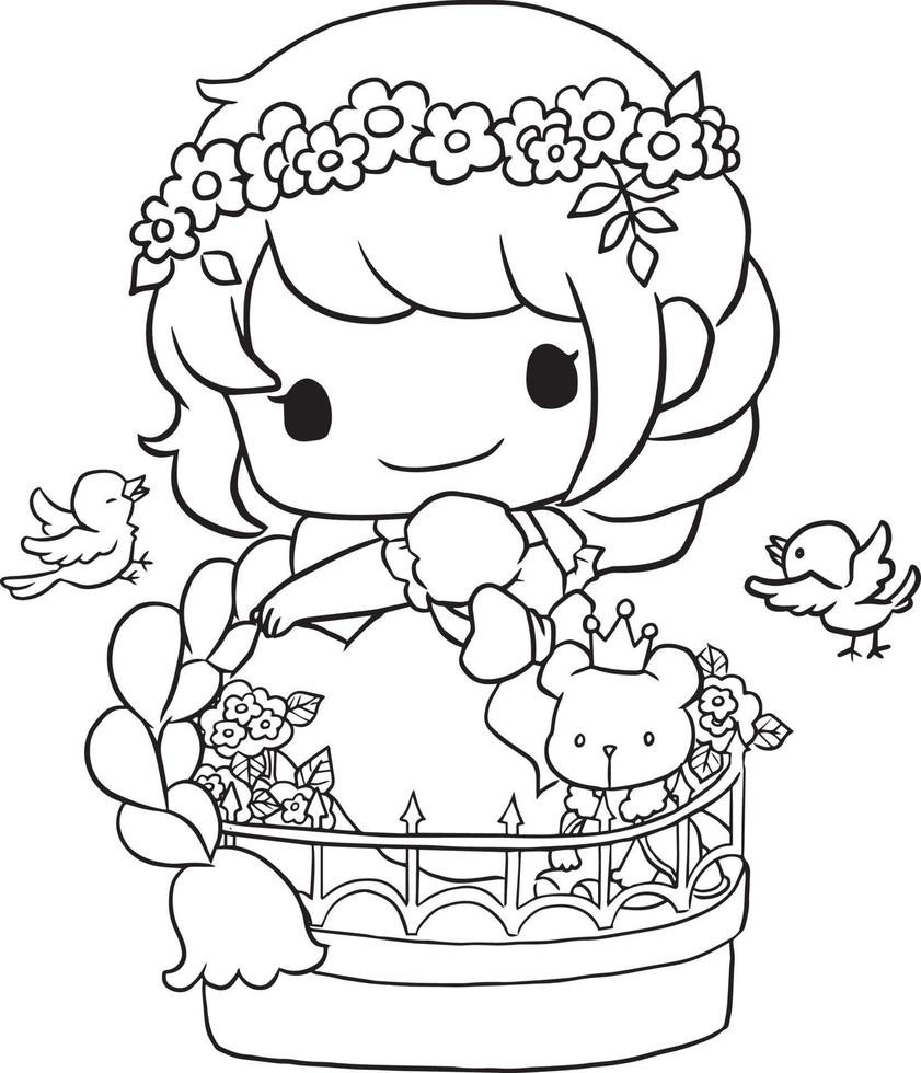 coloring page princess kawaii style cute anime cartoon drawing illustration vector doodle