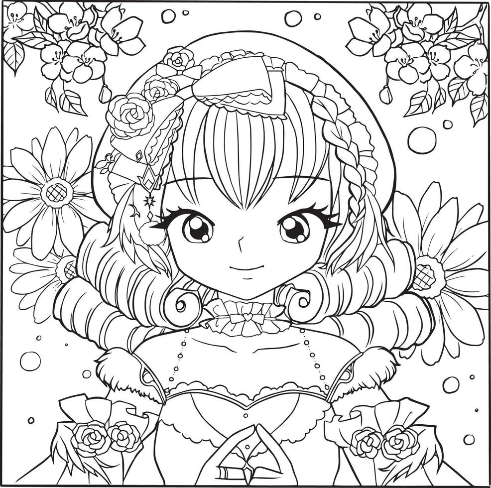 página para colorear princesa kawaii estilo lindo anime dibujos animados dibujo ilustración vector garabato