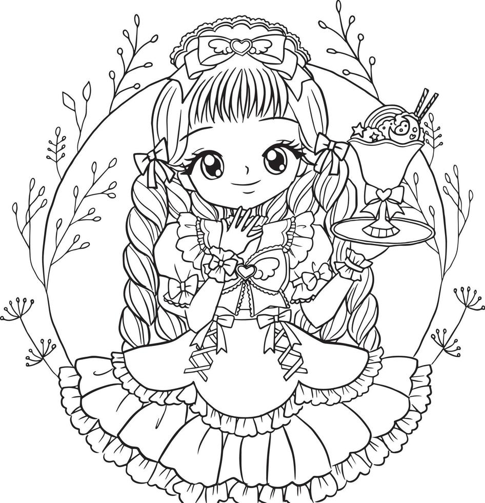 coloring page princess kawaii style cute anime cartoon drawing illustration vector doodle