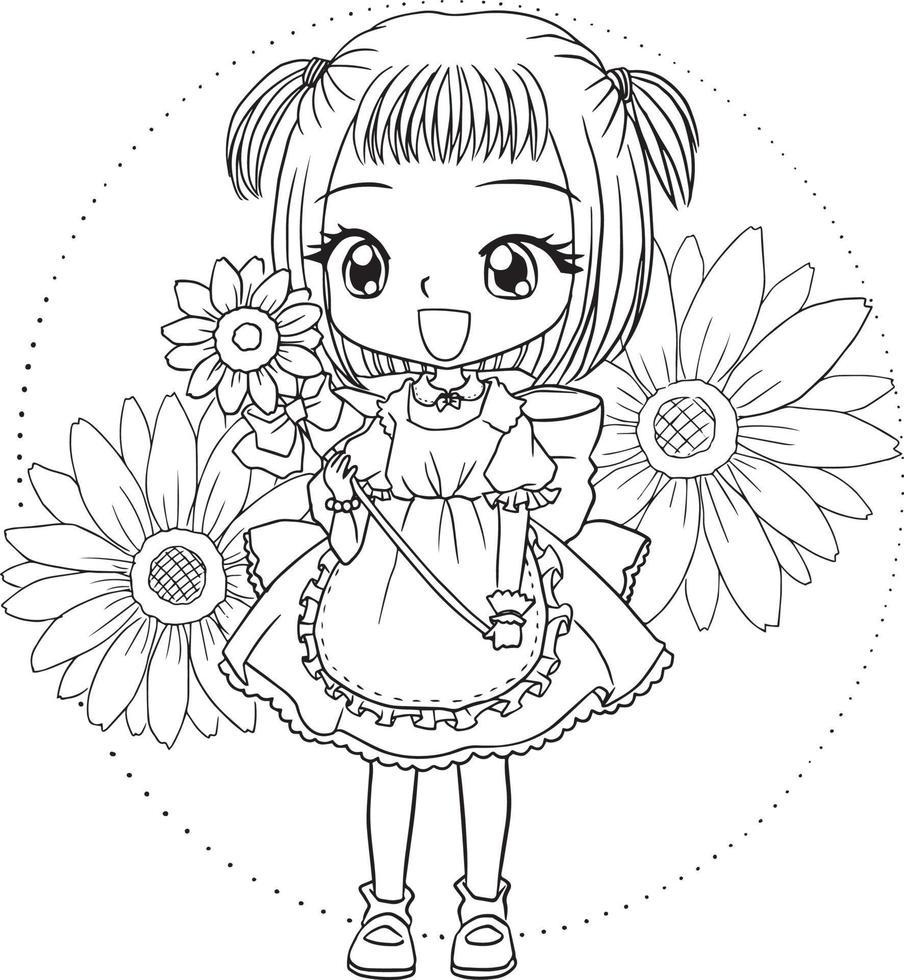 página para colorear princesa kawaii estilo lindo anime dibujos animados dibujo ilustración vector garabato