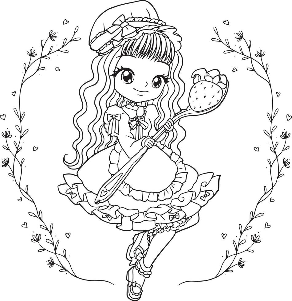 página para colorear princesa kawaii estilo lindo anime dibujos animados dibujo ilustración vector garabato