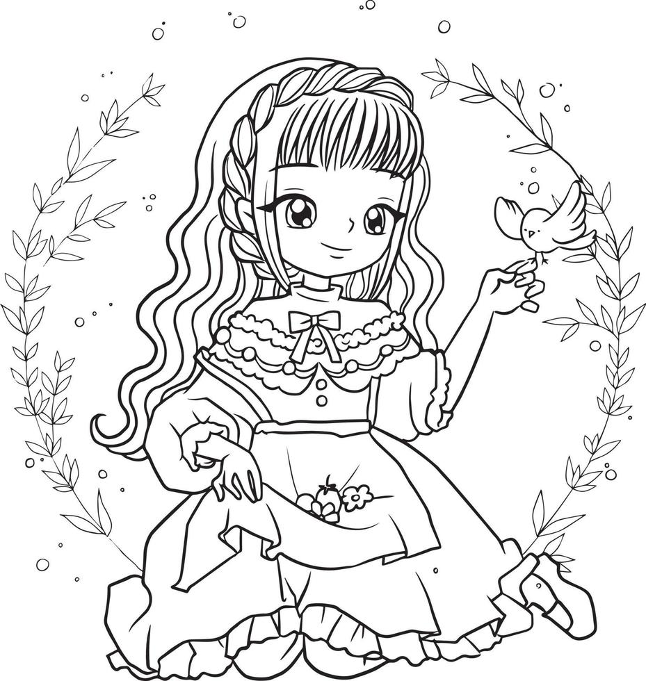 página para colorear princesa kawaii estilo lindo anime dibujos animados dibujo ilustración vector garabato