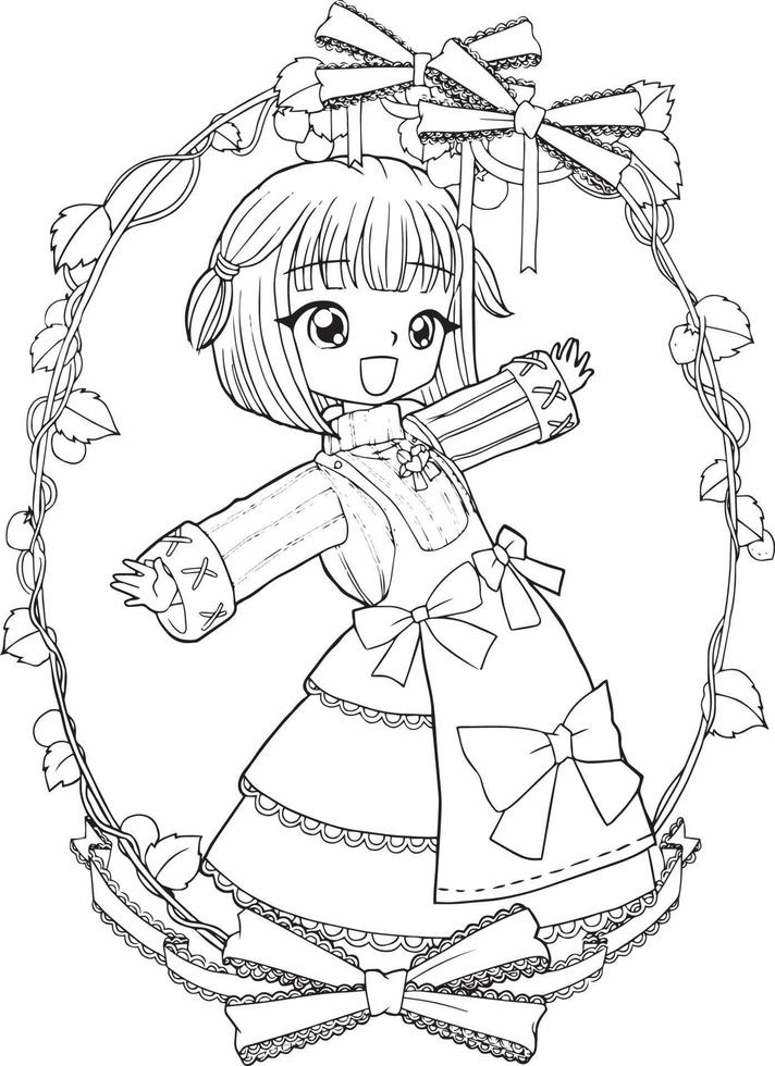 coloring page princess kawaii style cute anime cartoon drawing illustration vector doodle