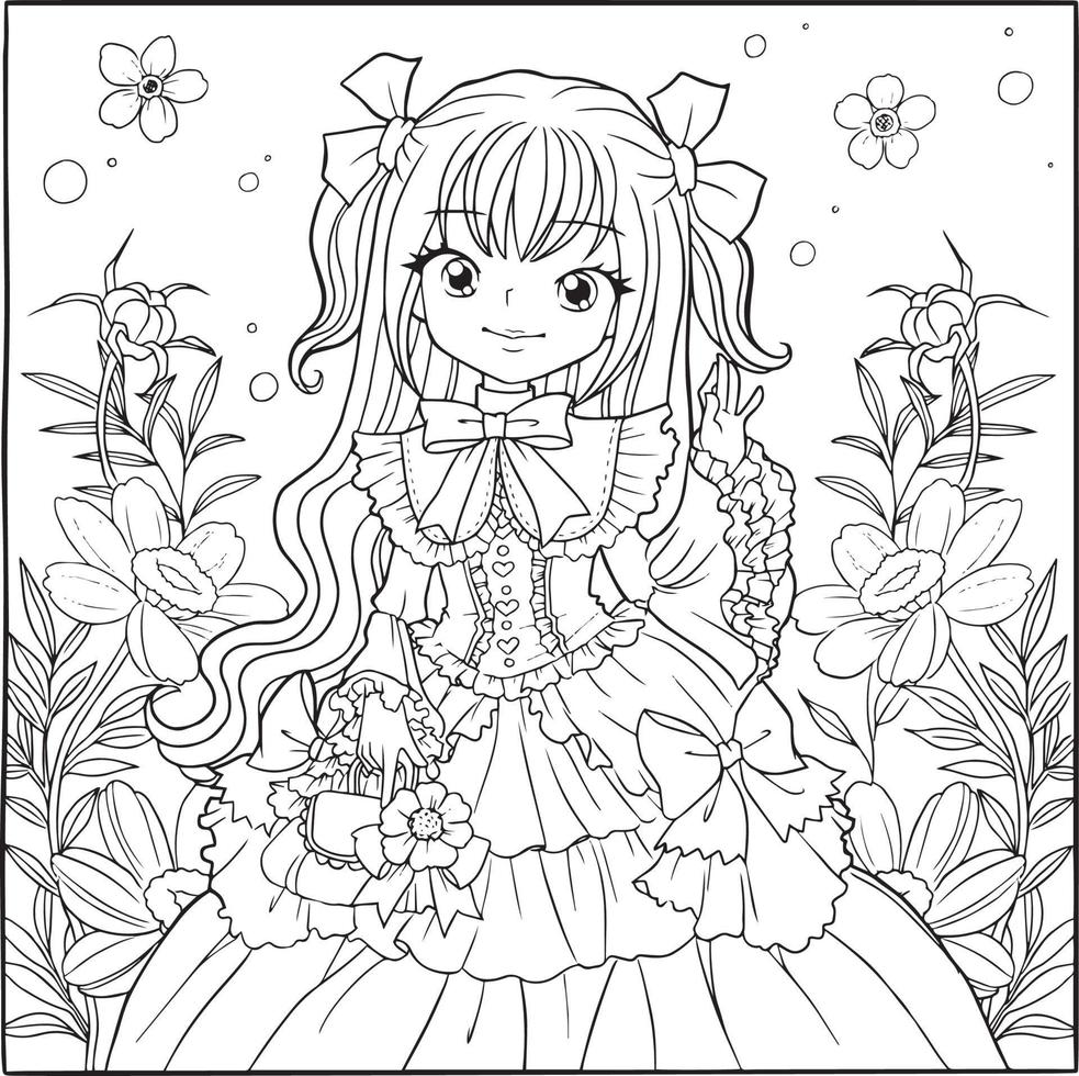 coloring page princess kawaii style cute anime cartoon drawing illustration vector doodle