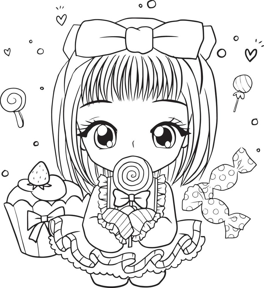 página para colorear princesa kawaii estilo lindo anime dibujos animados dibujo ilustración vector garabato