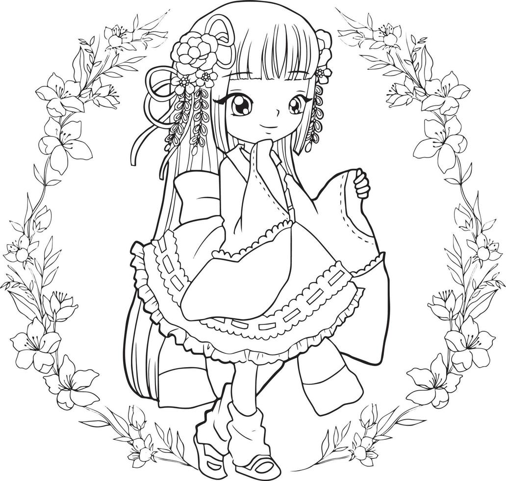 dibujos animados página para colorear princesas lindas kawaii manga arte lineal garabatos vector