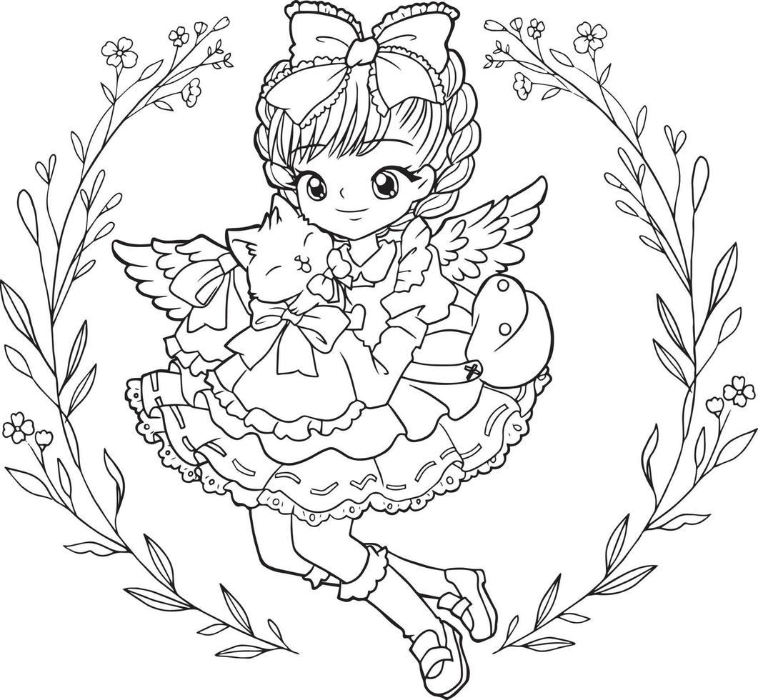 coloring page princess kawaii style cute anime cartoon drawing illustration vector doodle