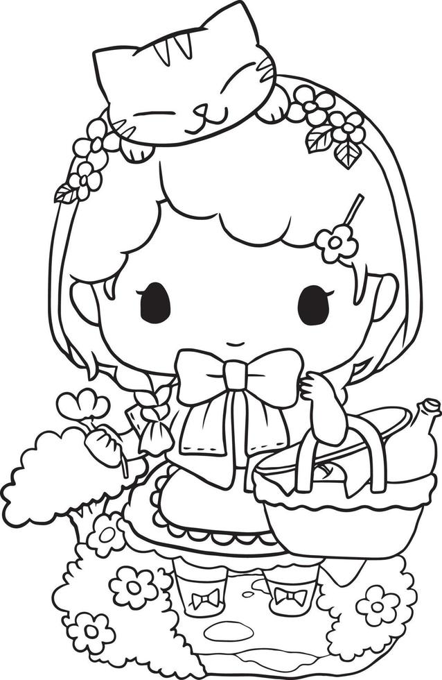 coloring page princess cat kawaii style cute anime cartoon drawing illustration vector doodle