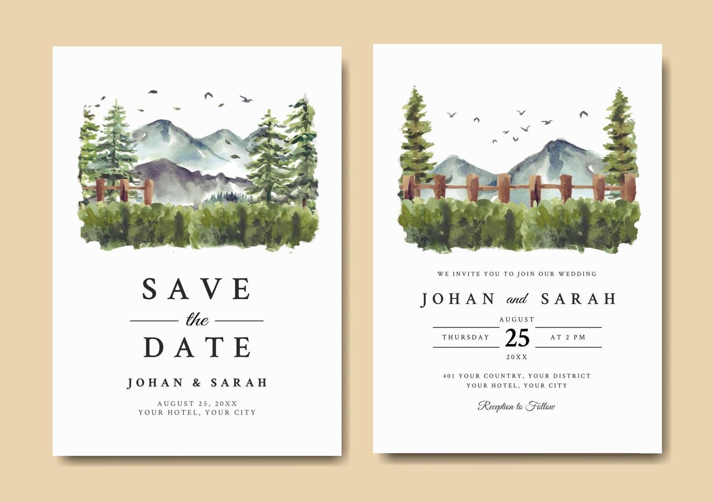 conjunto de invitación de boda de montaña y pinos acuarela vector