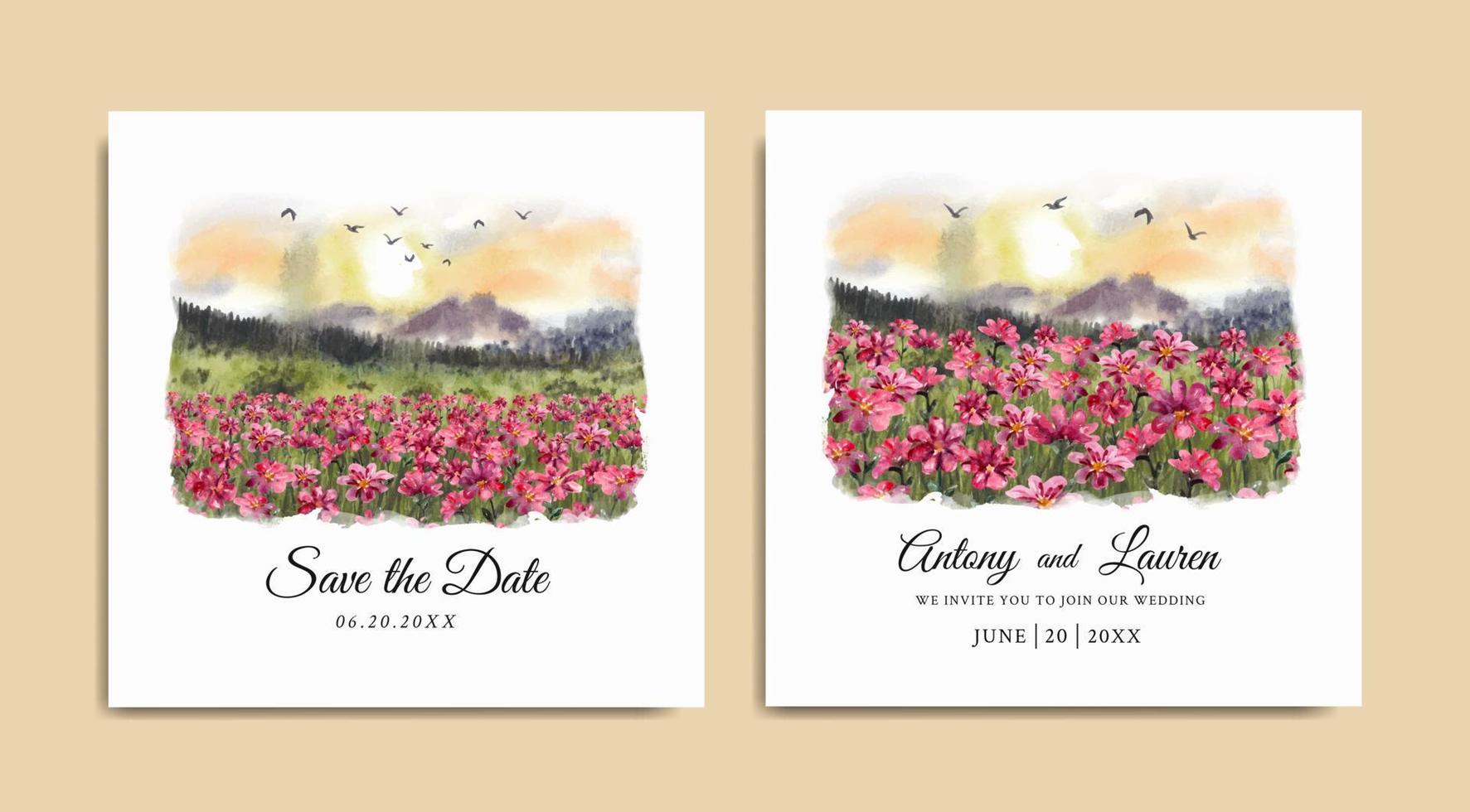 Wedding invitation of sunrise nature landscape with beautiful red flowers watercolor vector