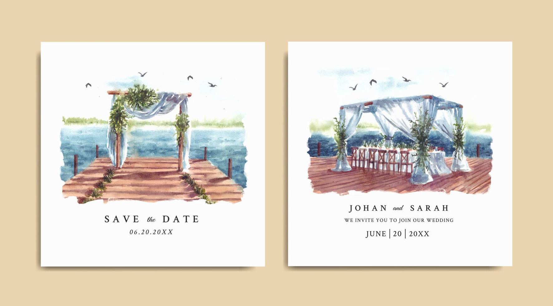 Wedding invitation of nature landscape with wedding gate on dock and lake view watercolor vector