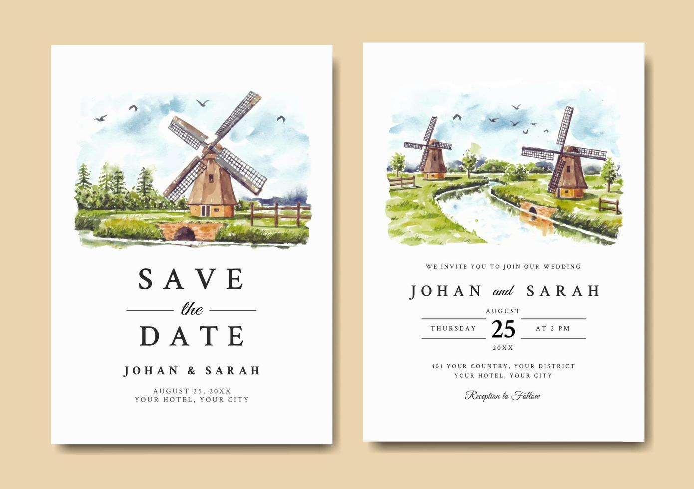 Wedding invitation of nature landscape with windmill and river watercolor vector