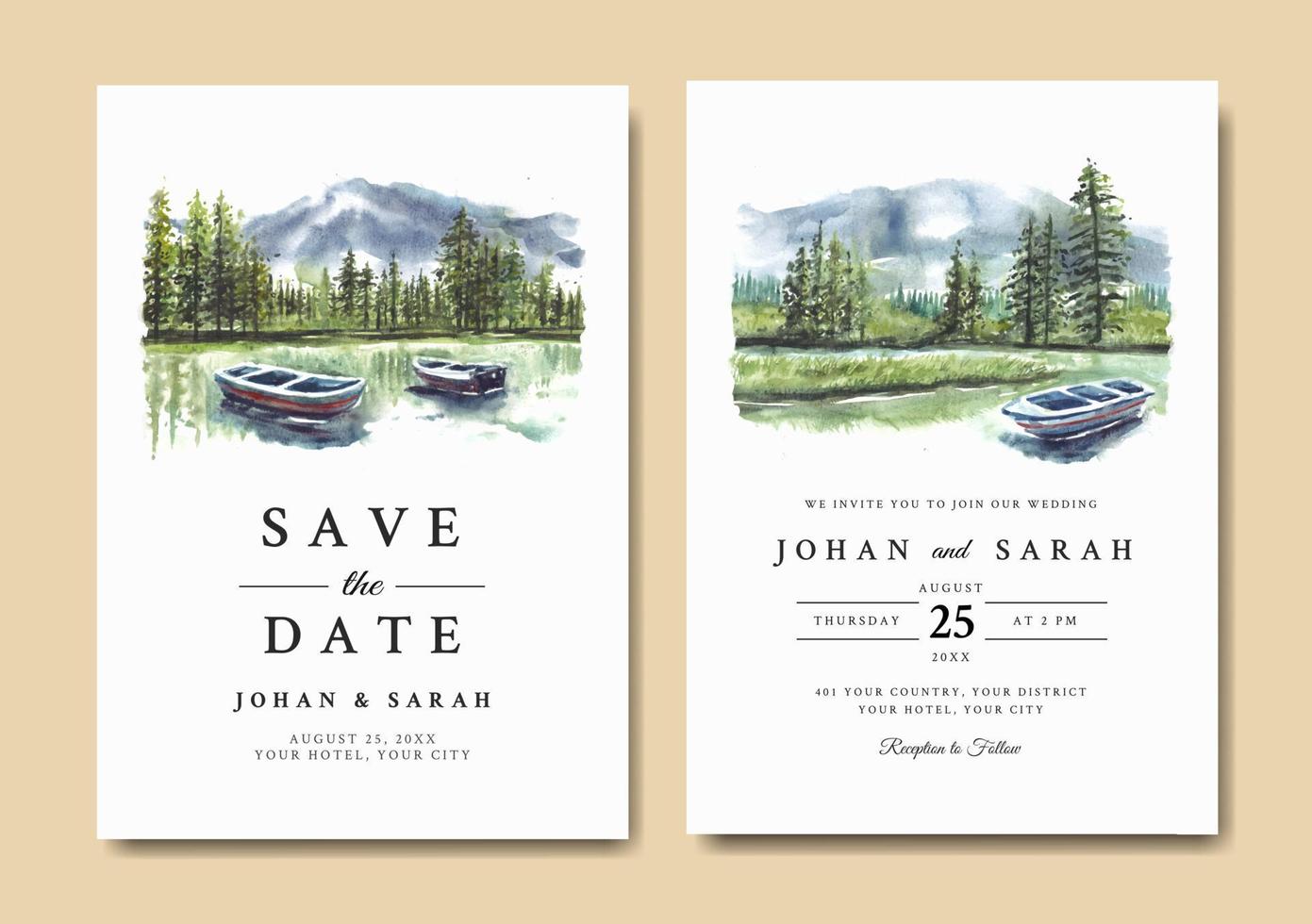Wedding invitation with reflection of pine forest and boat in lake watercolor vector