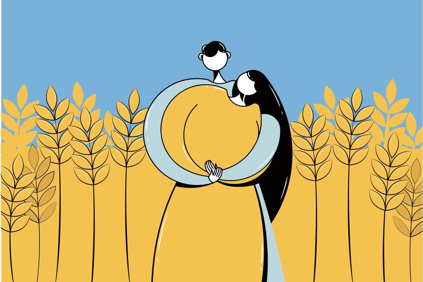 in a field of spikelets is a girl. the background represents the flag of Ukraine. vector