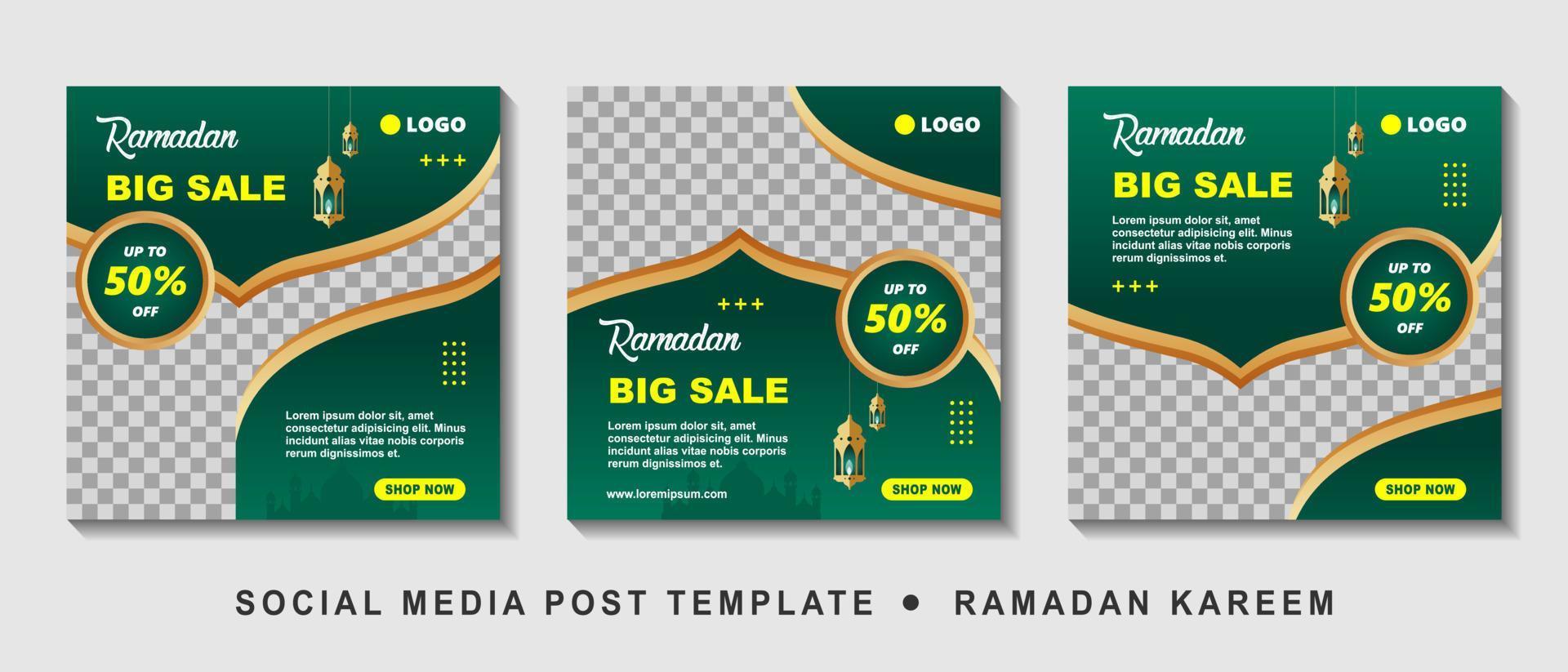 Set Ramadan Sale Square Banner Promotion Template. Suitable for Web Promotion and Social Media Template Post for Ramadan Kareem Greeting Card, Event, and etc. Vector Illustration.