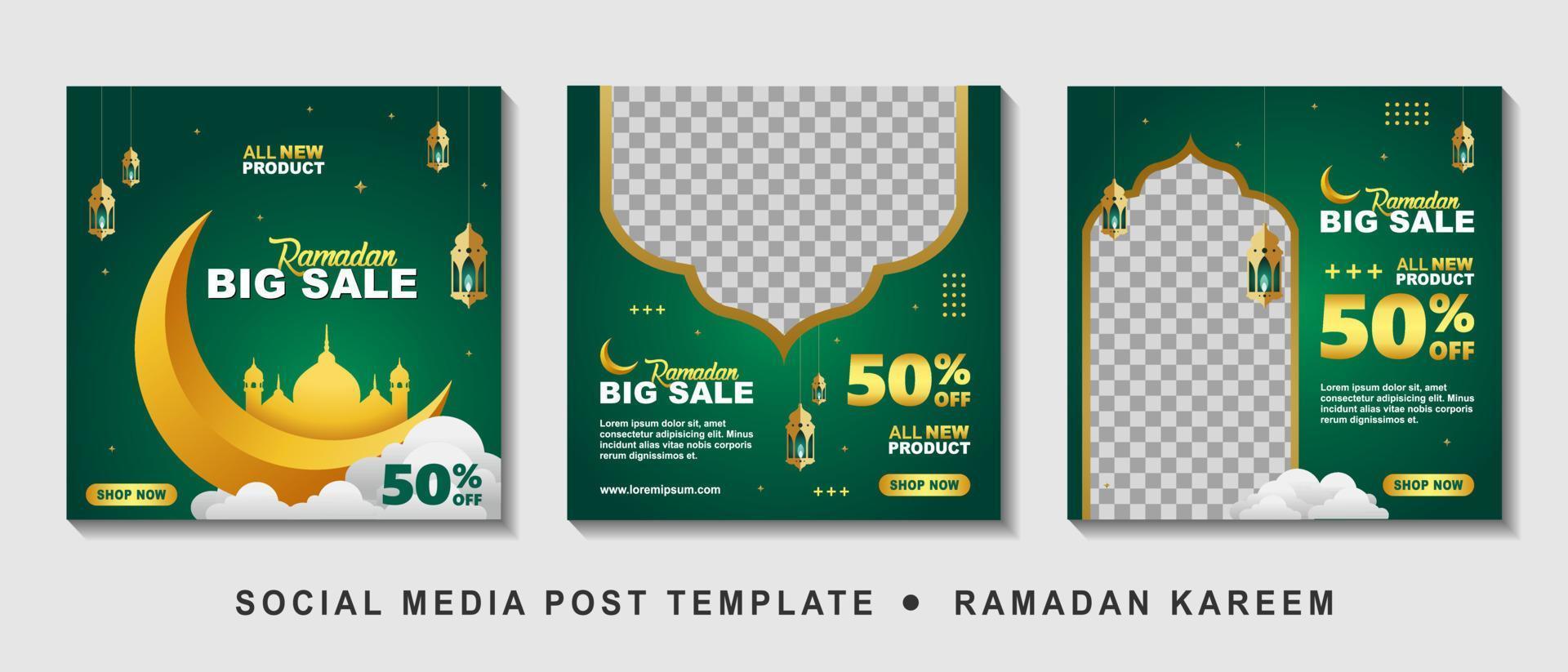 Set Ramadan Sale Square Banner Promotion Template. Suitable for Web Promotion and Social Media Template Post for Ramadan Kareem Greeting Card, Event, and etc. Vector Illustration.