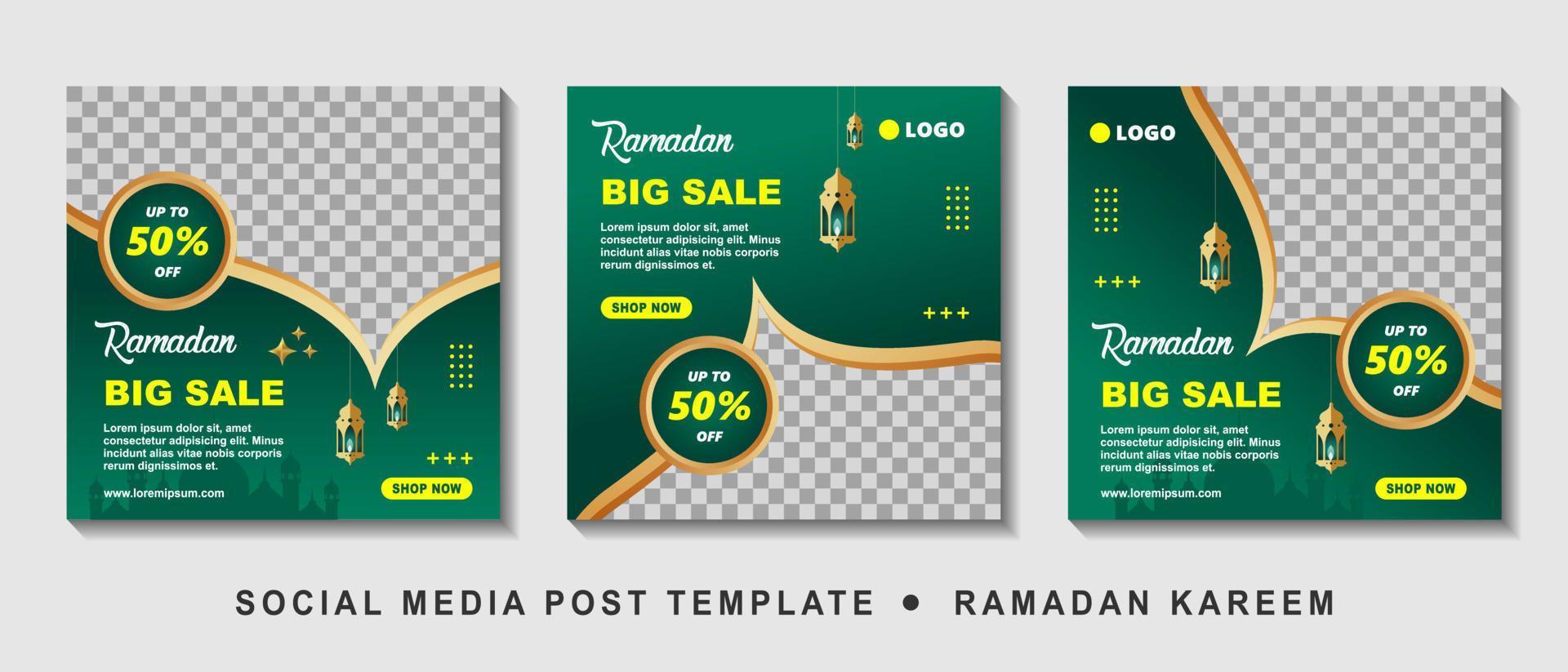 Set Ramadan Sale Square Banner Promotion Template. Suitable for Web Promotion and Social Media Template Post for Ramadan Kareem Greeting Card, Event, and etc. Vector Illustration.