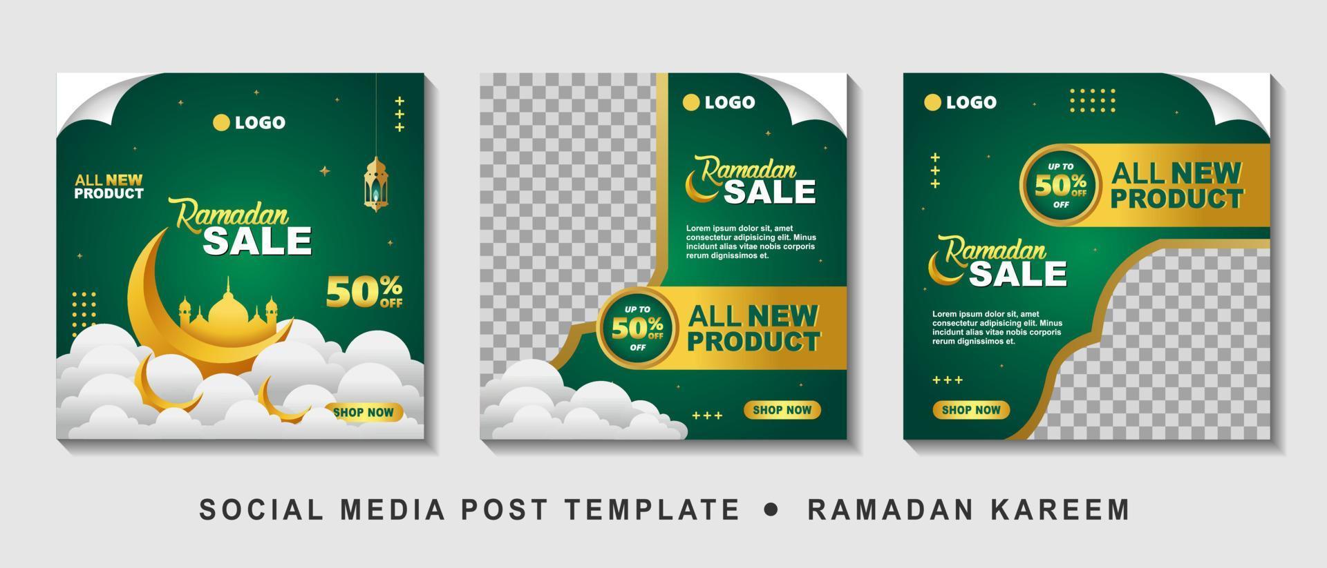 Set Ramadan Sale Square Banner Promotion Template. Suitable for Web Promotion and Social Media Template Post for Ramadan Kareem Greeting Card, Event, and etc. Vector Illustration.