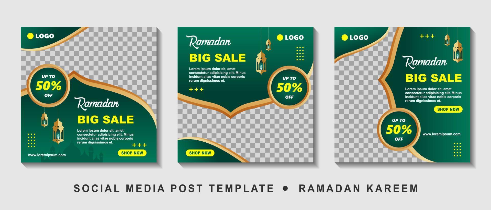 Set Ramadan Sale Square Banner Promotion Template. Suitable for Web Promotion and Social Media Template Post for Ramadan Kareem Greeting Card, Event, and etc. Vector Illustration.