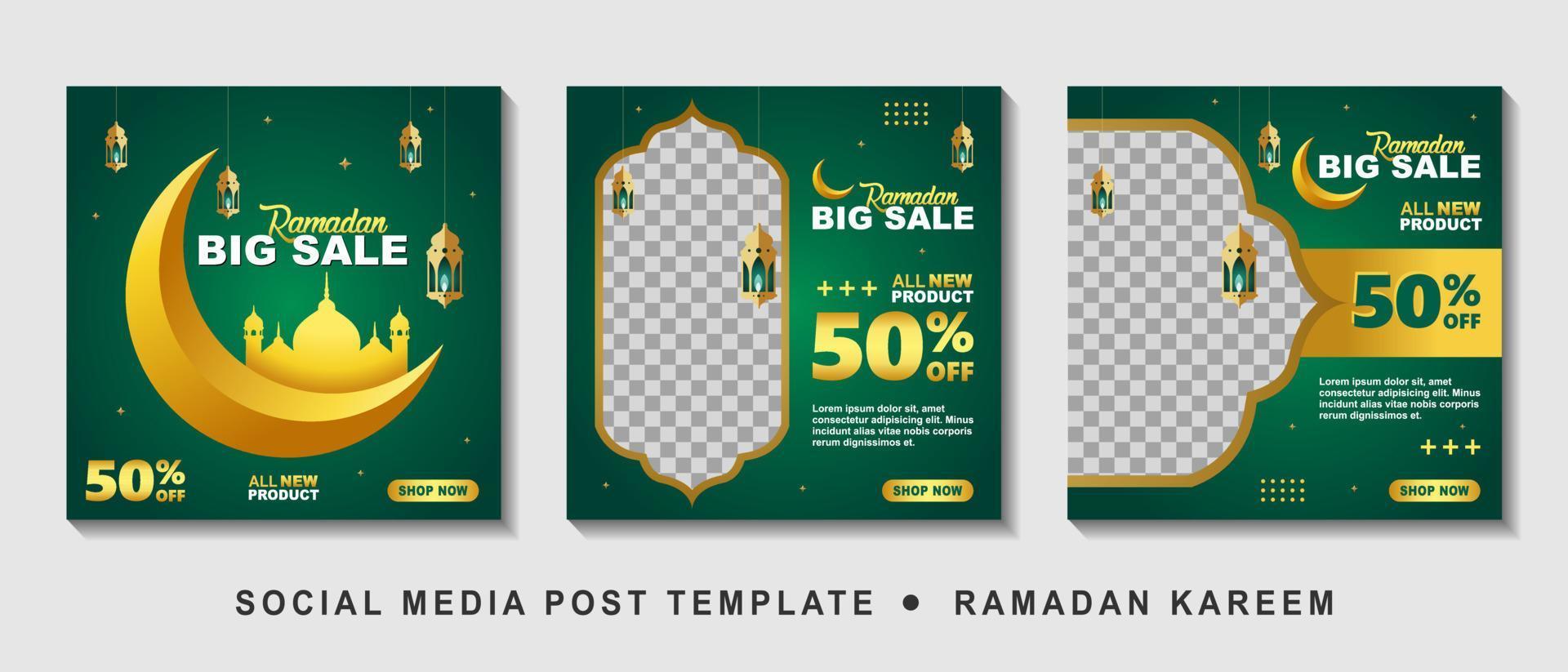 Set Ramadan Sale Square Banner Promotion Template. Suitable for Web Promotion and Social Media Template Post for Ramadan Kareem Greeting Card, Event, and etc. Vector Illustration.