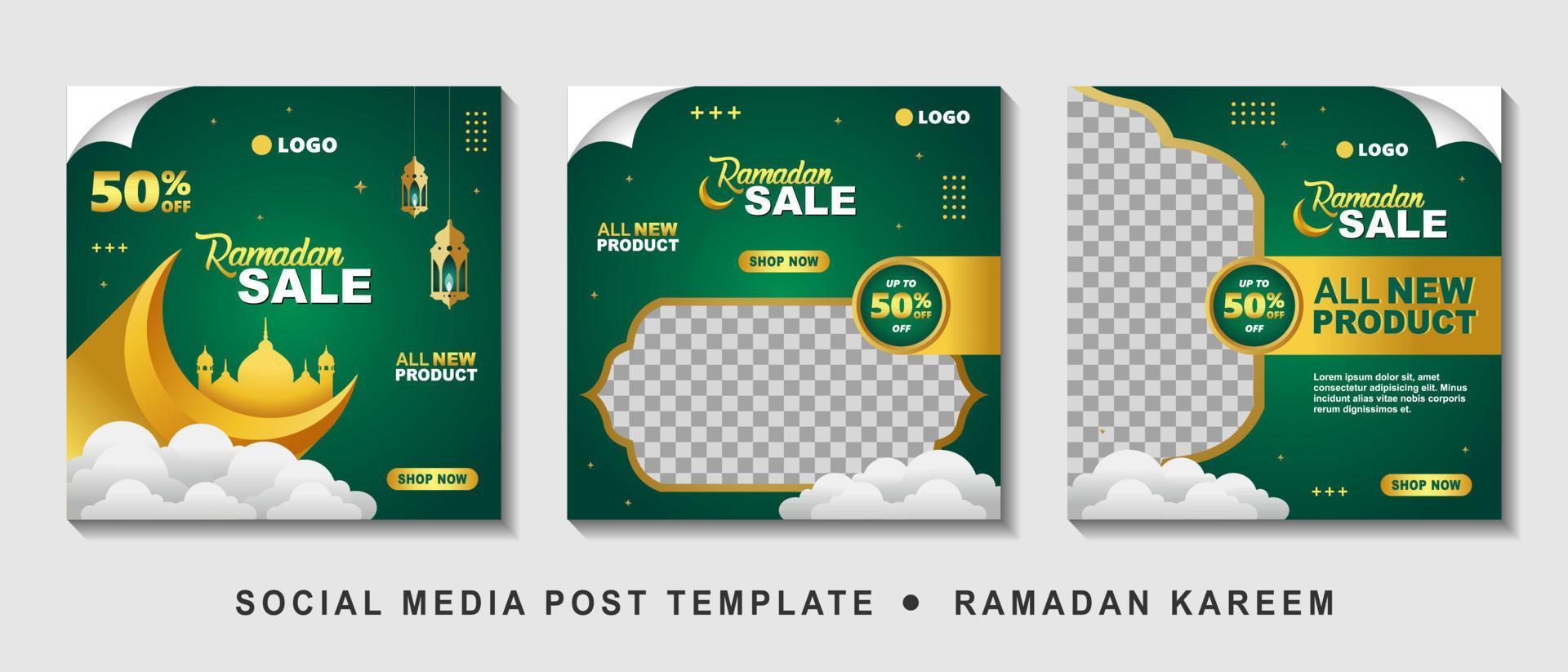 Set Ramadan Sale Square Banner Promotion Template. Suitable for Web Promotion and Social Media Template Post for Ramadan Kareem Greeting Card, Event, and etc. Vector Illustration.