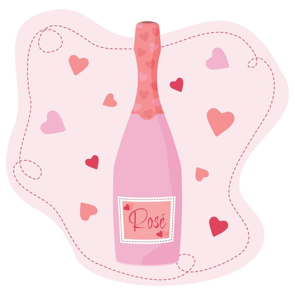 Pink Rose Wine Bottle, Valentine Vector Graphic