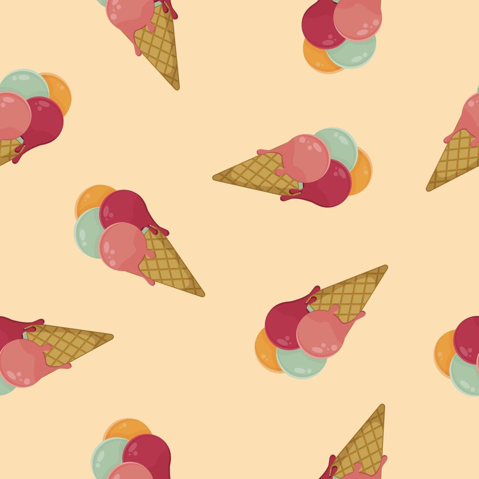 Dripping Ice Creams in Waffle Cones on Orange Background, Seamless Pattern, Vector Graphic