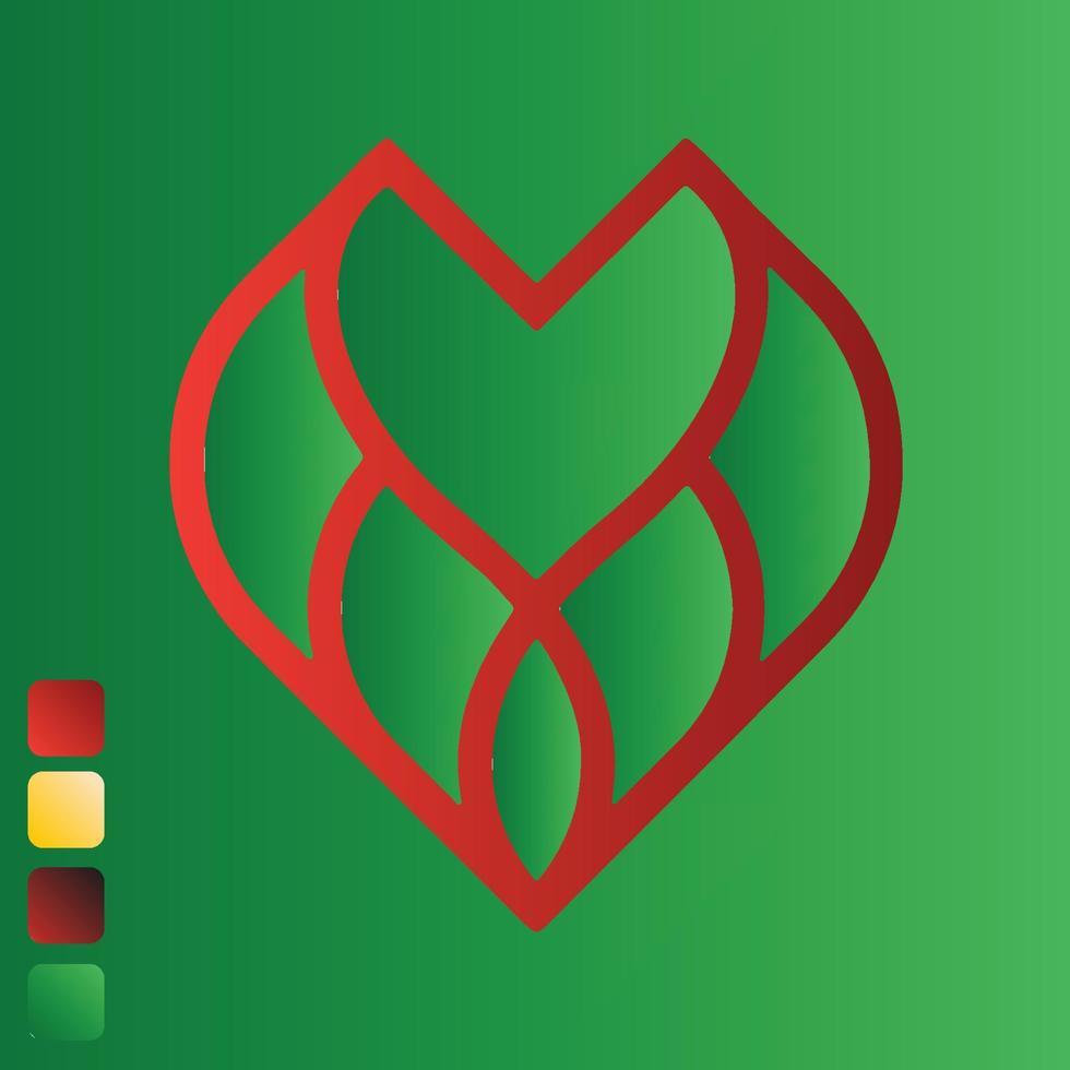 Yellow, red and green gradients heart on a green isolated background. Vector illustration.