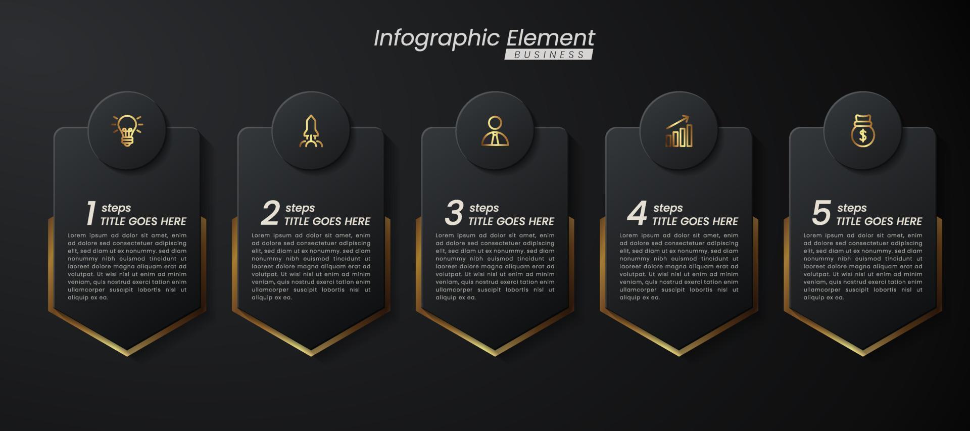 Dark gold elegant infographic 3d vector template with a steps for success. Presentation with line elements icons. Business concept design can be used for web, brochure, diagram, chart or banner layout