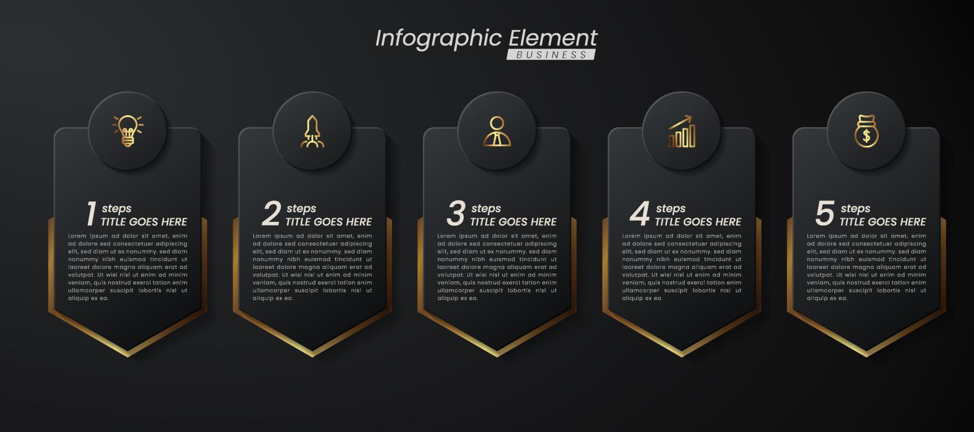 plantilla de vector 3d de infografía elegante de oro oscuro con pasos para el éxito. presentación con iconos de elementos de línea. el diseño de concepto de negocio se puede utilizar para diseño web, folleto, diagrama, gráfico o banner