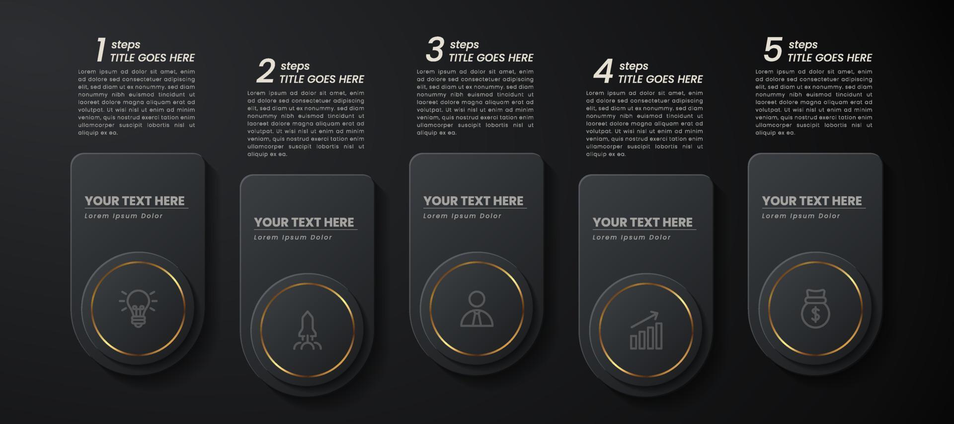 Dark gold elegant infographic 3d vector template with a steps for success. Presentation with line elements icons. Business concept design can be used for web, brochure, diagram, chart or banner layout
