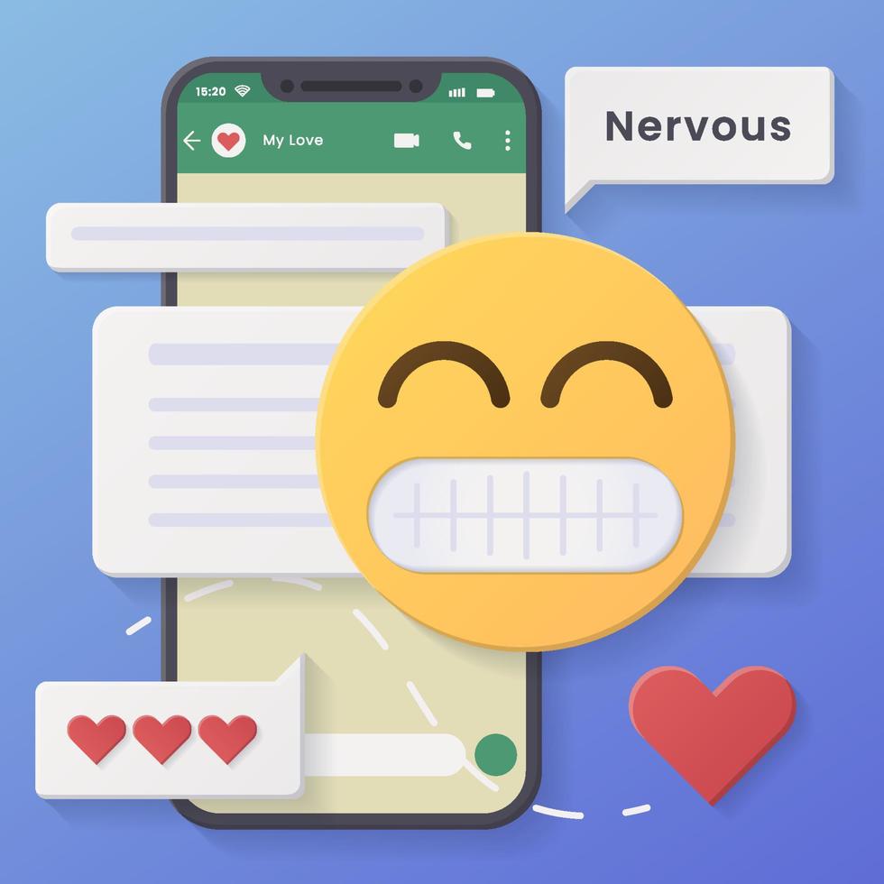 concepto de redes sociales. tiempo de mercadeo. diseño 3d abstracto realista. estilo de dibujos animados en la mano el teléfono envía emoticones de emociones a los amigos. red social de plantilla móvil. icono de sonrisa. vector