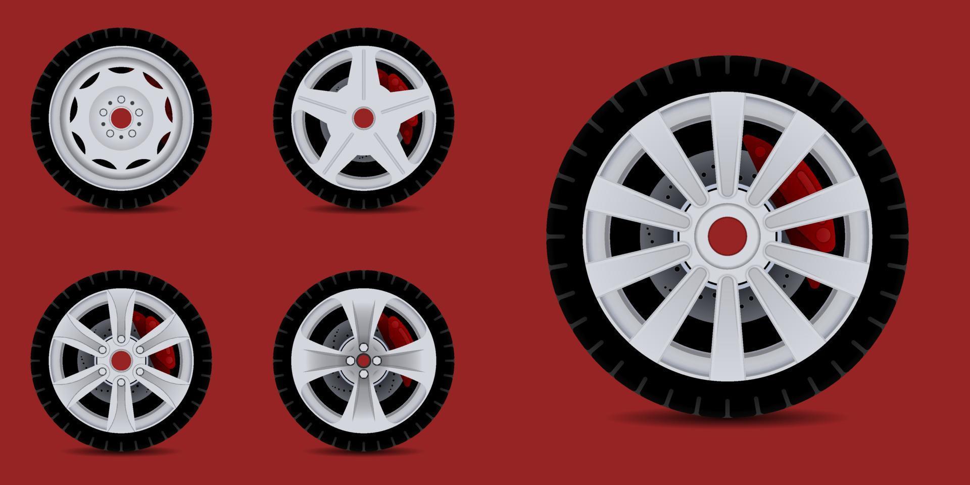 neumático de coche en vector, vistas laterales. neumáticos de vehículos vectoriales, borde de rueda envolvente de componente redondo, proporcionan tracción en la superficie. rueda de goma de transporte, vector