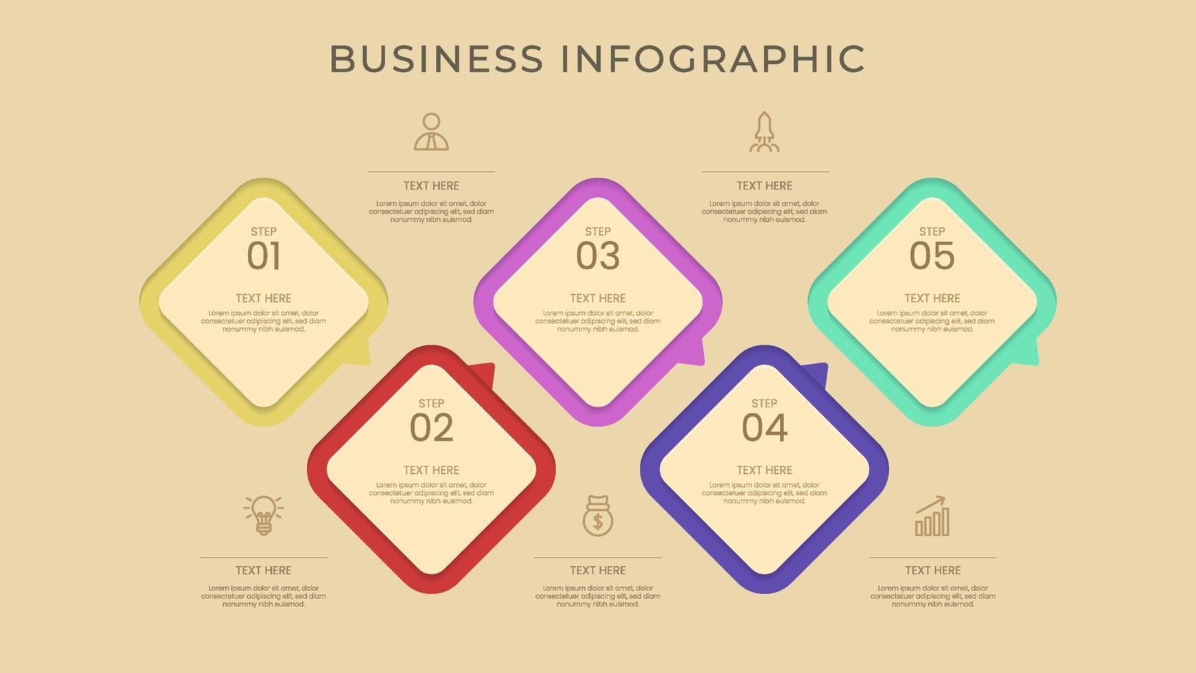Business infographic thin line process with square and circle template design with icons and attractive color vector