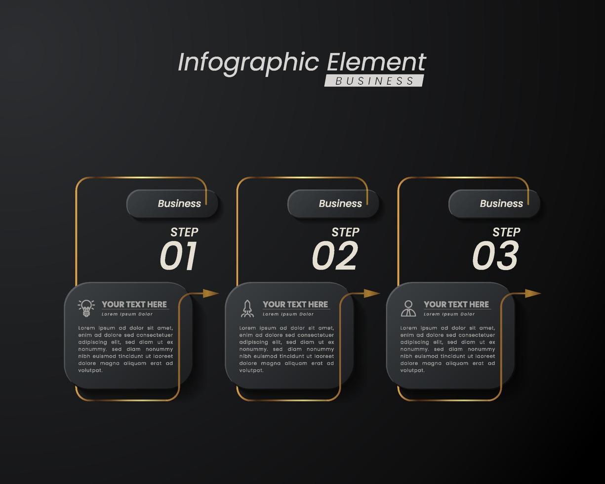 plantilla de vector 3d de infografía elegante de oro oscuro con pasos para el éxito. presentación con iconos de elementos de línea. el diseño de concepto de negocio se puede utilizar para diseño web, folleto, diagrama, gráfico o banner